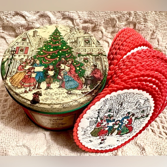 Vtg Christmas 🎄 Coaster Tin 33 Paper Coasters Inside By Potpourri Press… Opened - Picture 7 of 14